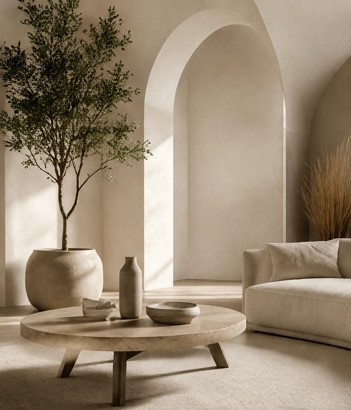 Arched, sunlit living room with a stone vase and olive tree, in warm neutral tones